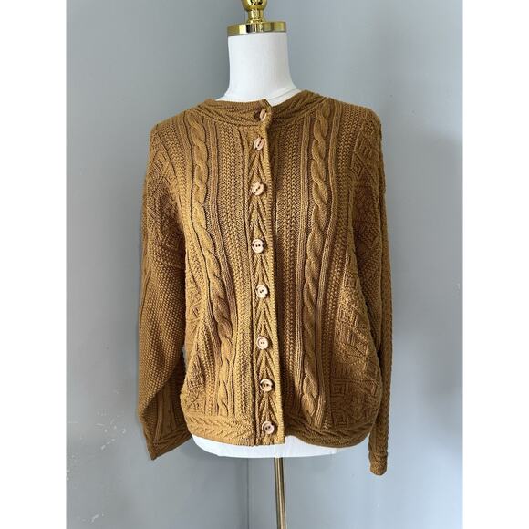Vintage LL Bean Cardigan Mustard Fall Sweater Wood Buttons Women's Size Large - Picture 1 of 8